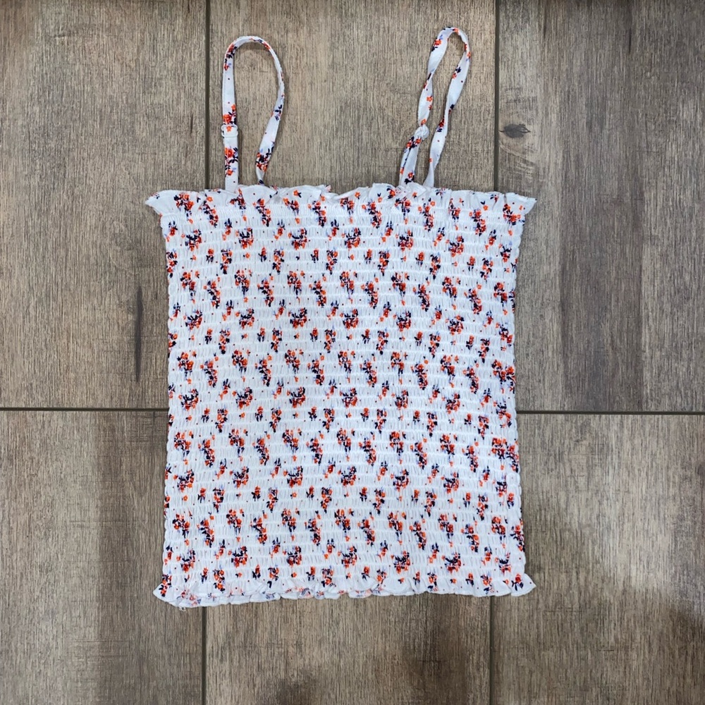 XS White with Floral Print Ruched Crop Top.